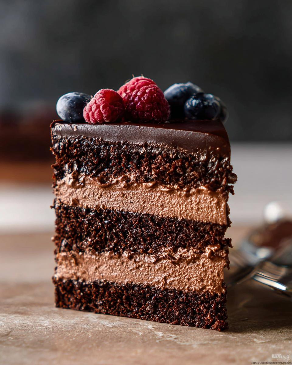 A decadent slice of Chocolate Mousse Layer Cake showing rich dark layers and light brown mousse filling, topped with fresh raspberries and blueberries.