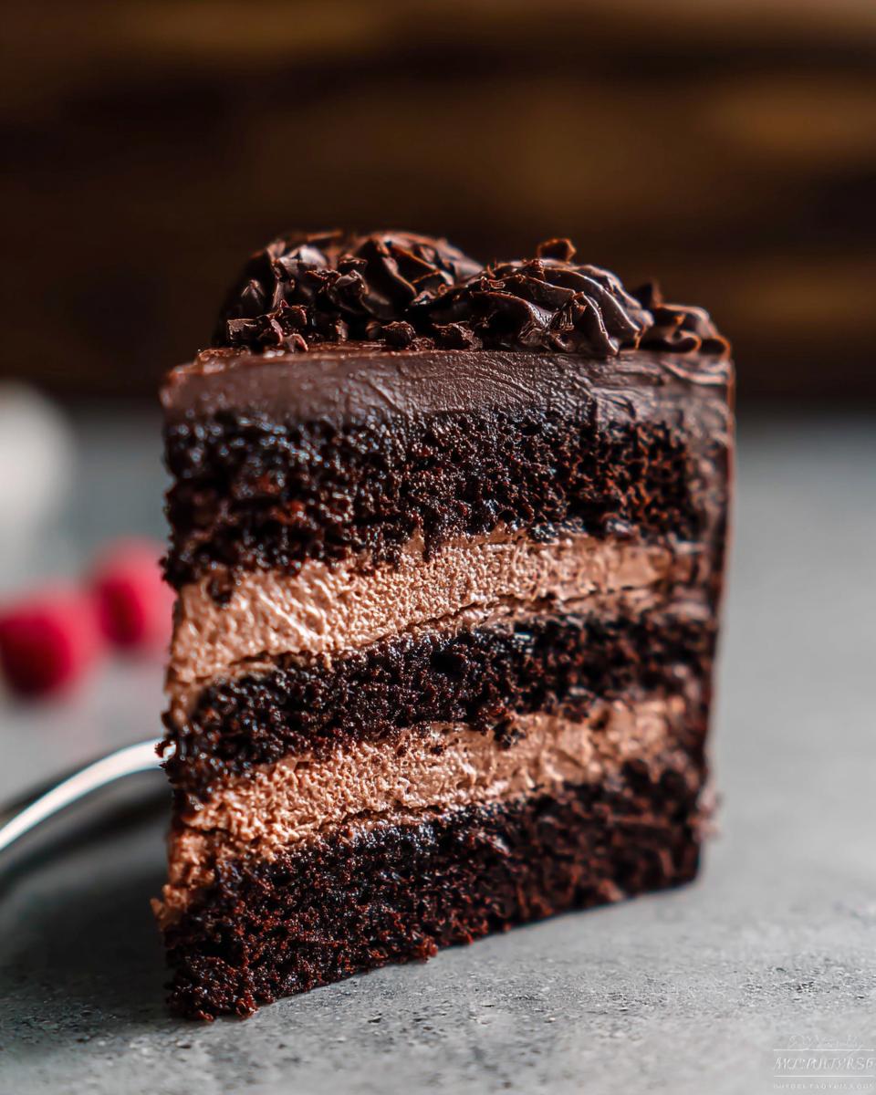 Close-up of a decadent slice of Chocolate Mousse Layer Cake showing three layers of dark cake and light mousse filling.