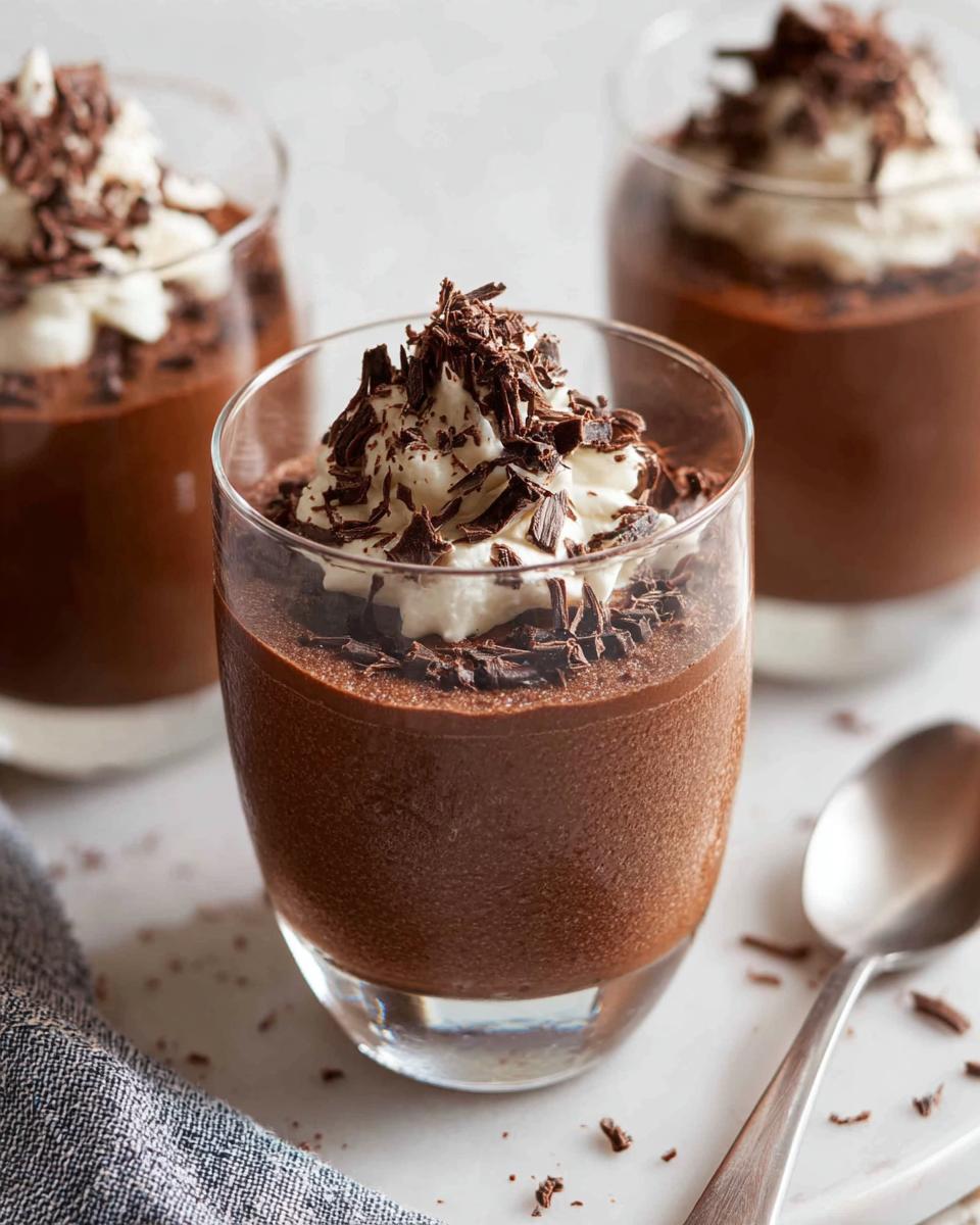 Close-up of individual servings of rich Chocolate Mousse topped with whipped cream and chocolate shavings.
