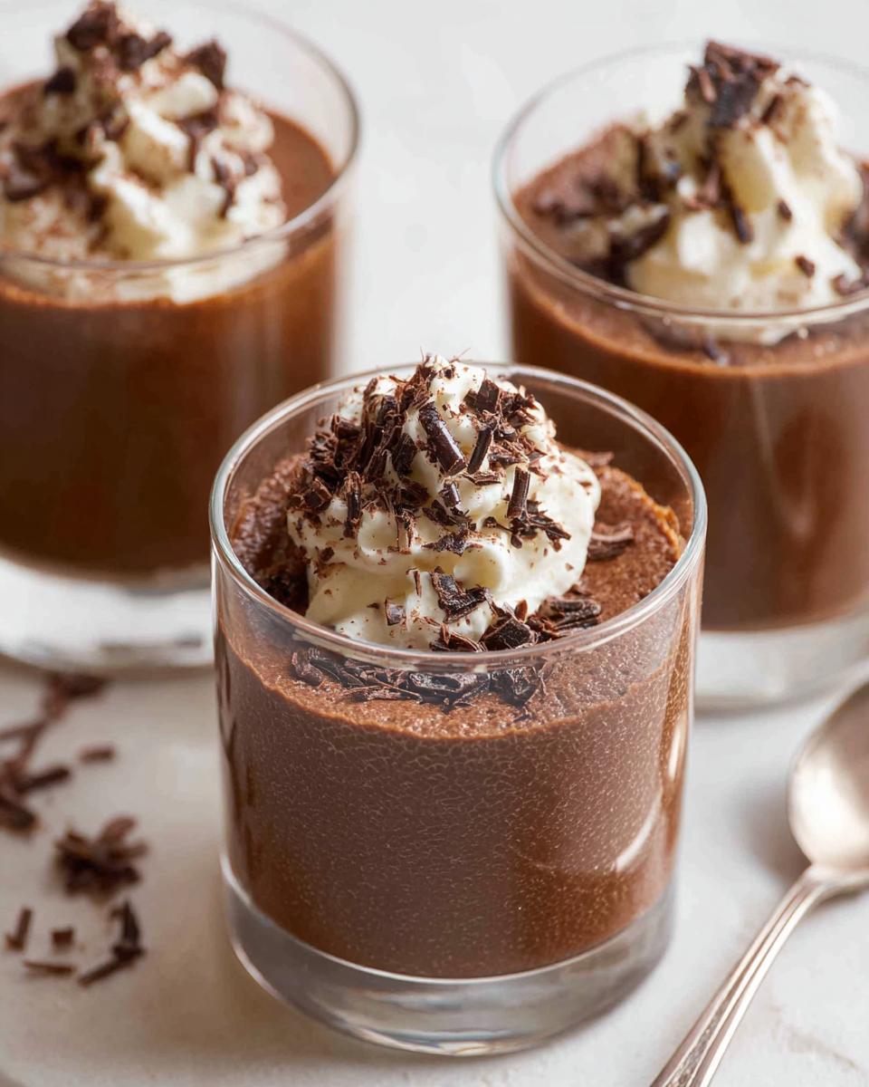 Three glasses filled with rich, dark Chocolate Mousse, topped with whipped cream and chocolate shavings.