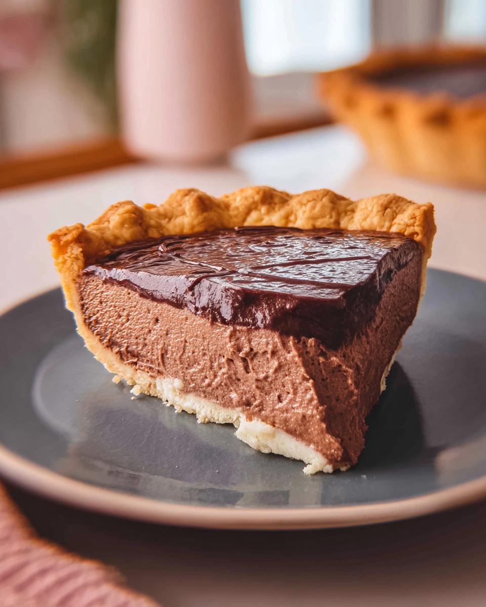 A slice of rich chocolate mousse pie with a flaky crust and glossy chocolate ganache topping, perfect for Best Thanksgiving Desserts 2025.