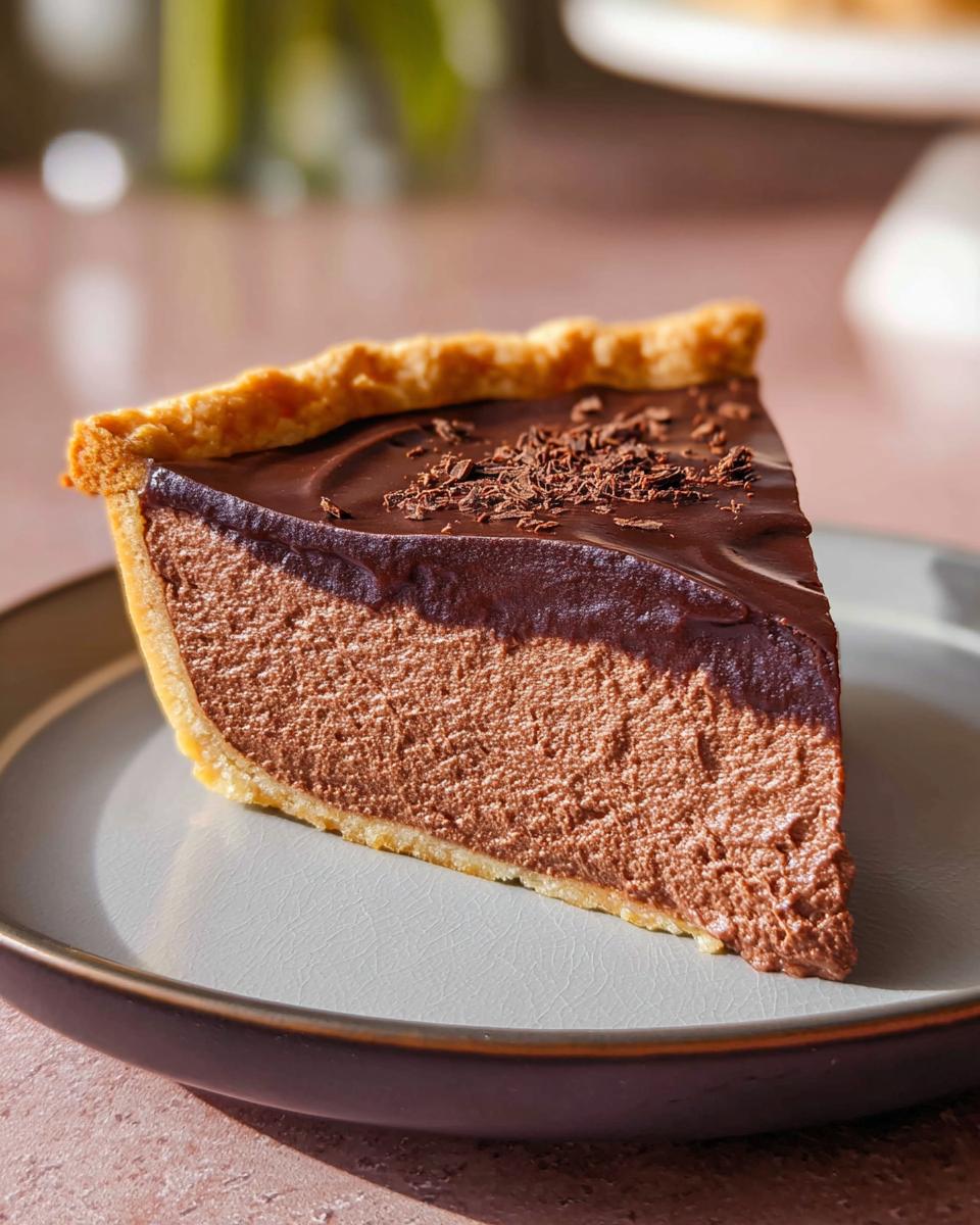 A slice of rich chocolate mousse pie, a perfect addition to Best Thanksgiving Desserts 2025, with a flaky crust and chocolate shavings.