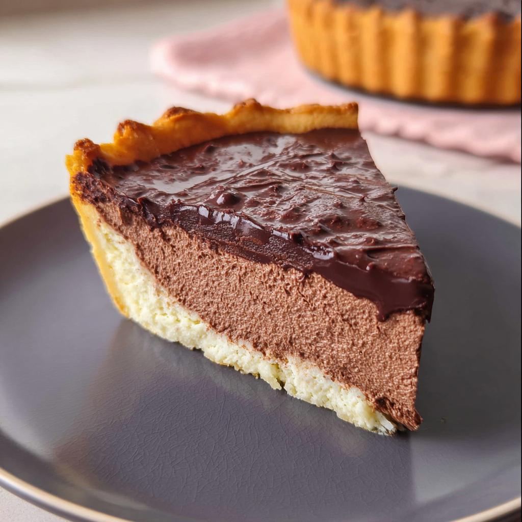 A slice of chocolate mousse tart with a flaky crust, part of the Best Thanksgiving Desserts 2025.