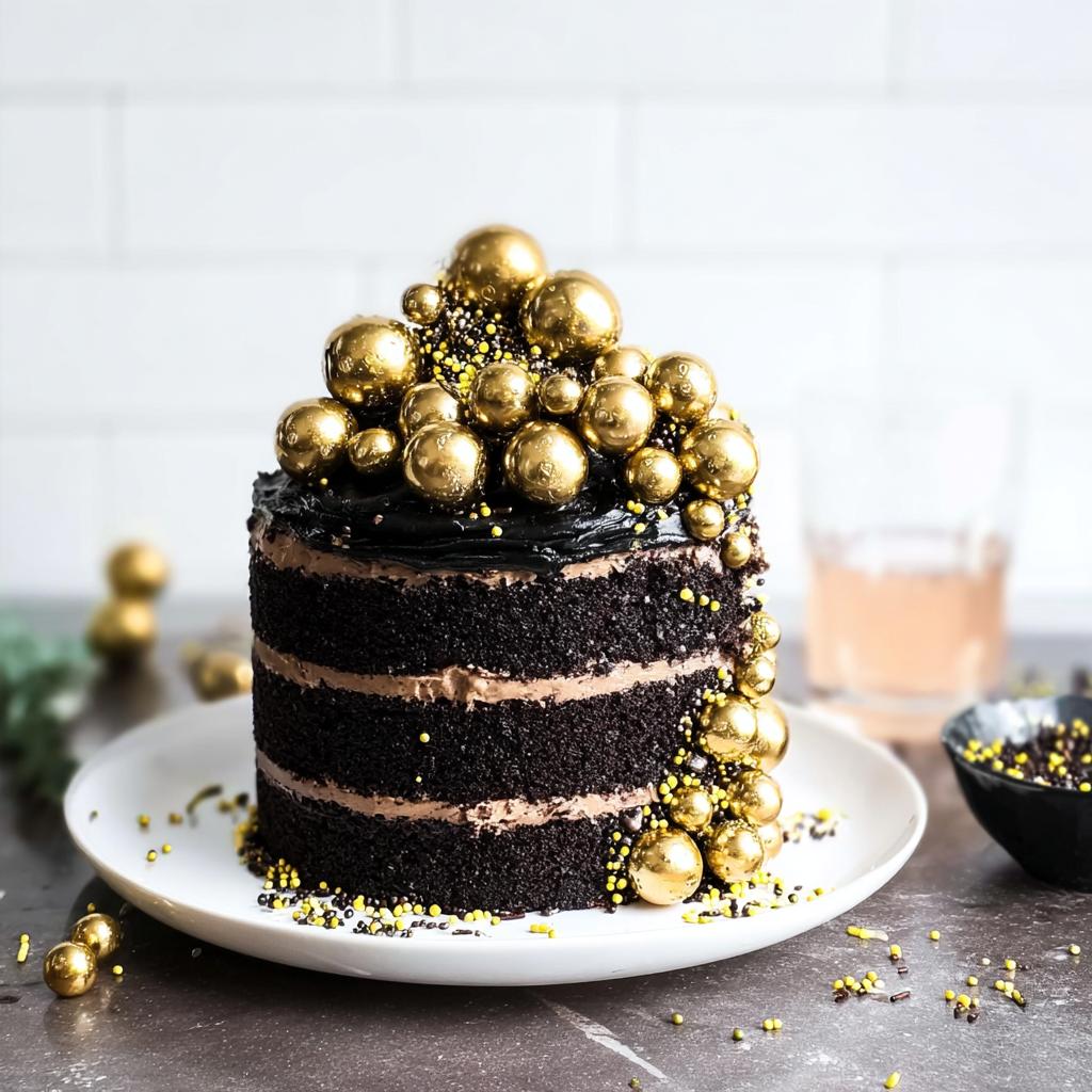 A tall, dark chocolate layer cake decorated with black frosting and many shiny gold edible spheres, perfect for New Year’s Eve Cakes.