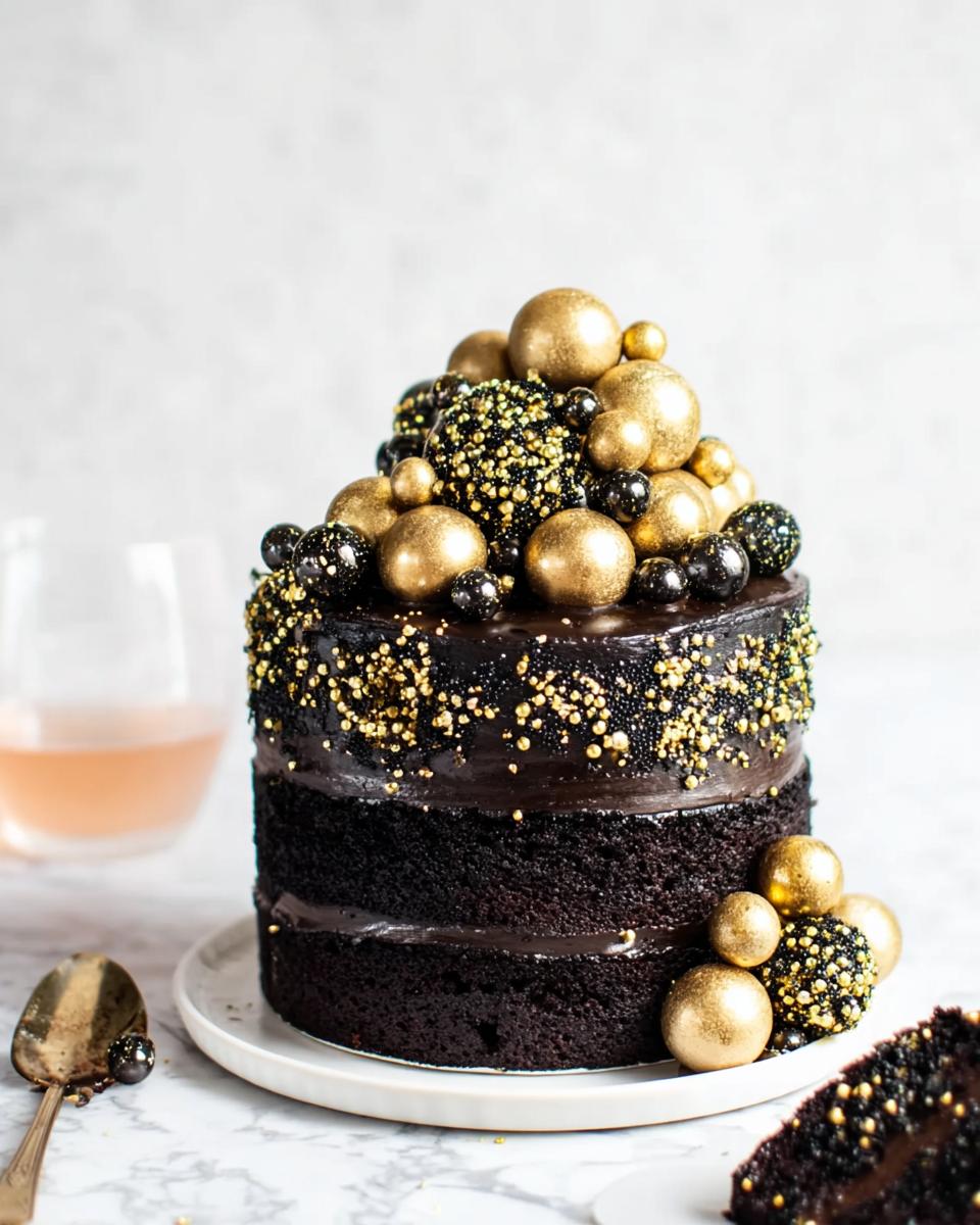 A stunning, tall, dark chocolate layer cake decorated with gold and black edible spheres for New Year’s Eve Cakes That Wow.