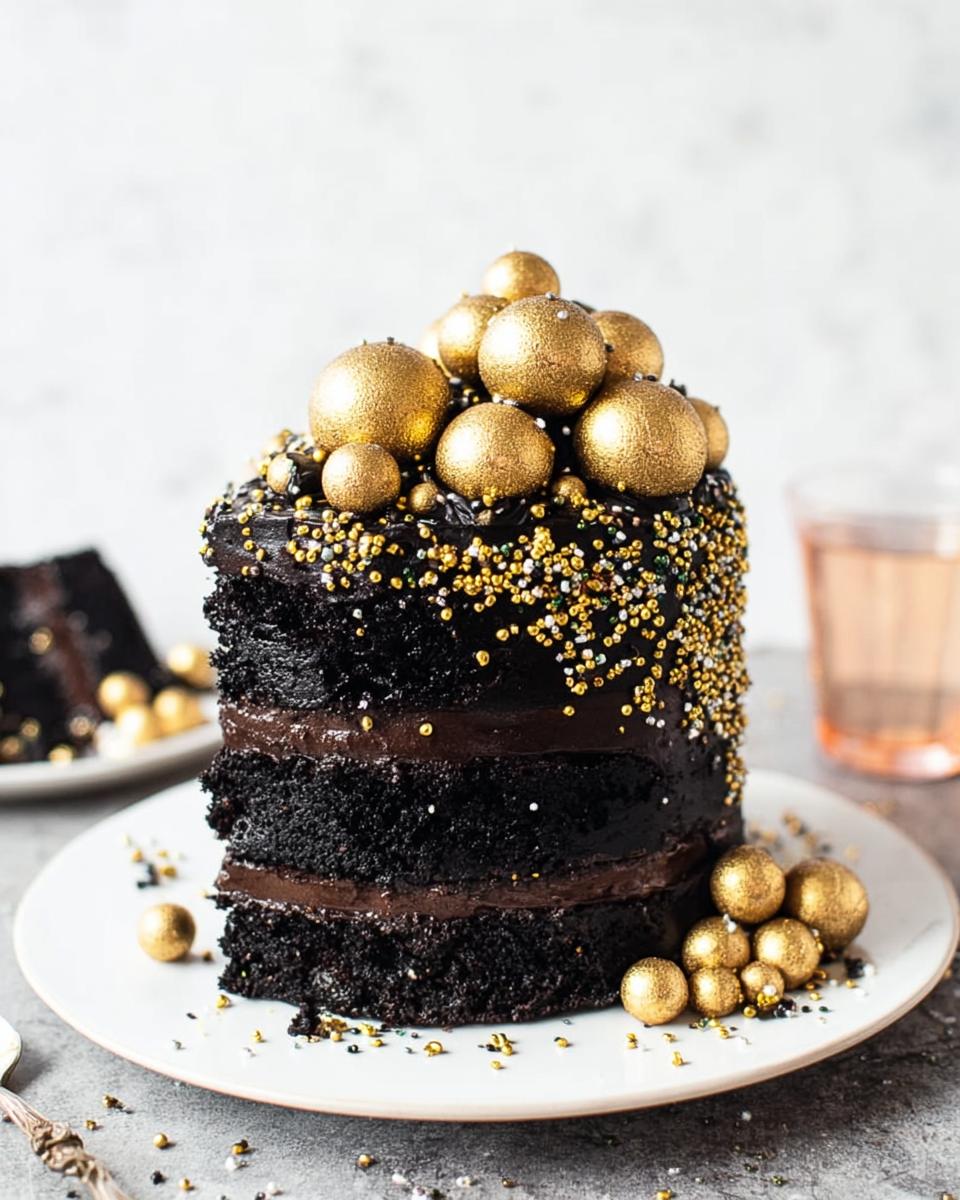 Slice of a rich, dark chocolate layer cake decorated with gold sprinkles and large edible gold spheres, perfect for New Year’s Eve Cakes That Wow.