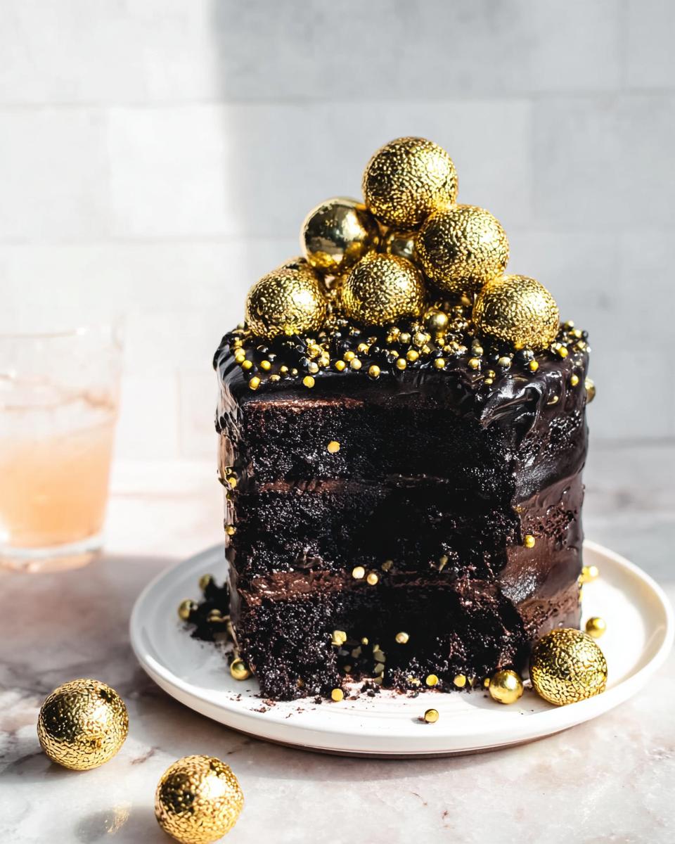A slice removed from a tall, dark chocolate cake decorated with gold sprinkles and large gold edible balls, perfect for New Year’s Eve Cakes That Wow.