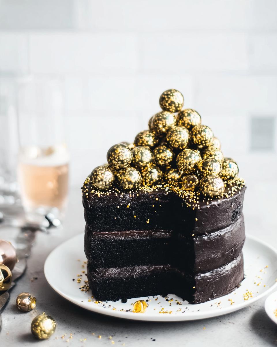 A rich, dark chocolate layer cake topped with gold edible spheres, perfect for one of the 12 New Year’s Eve Cakes That Wow.