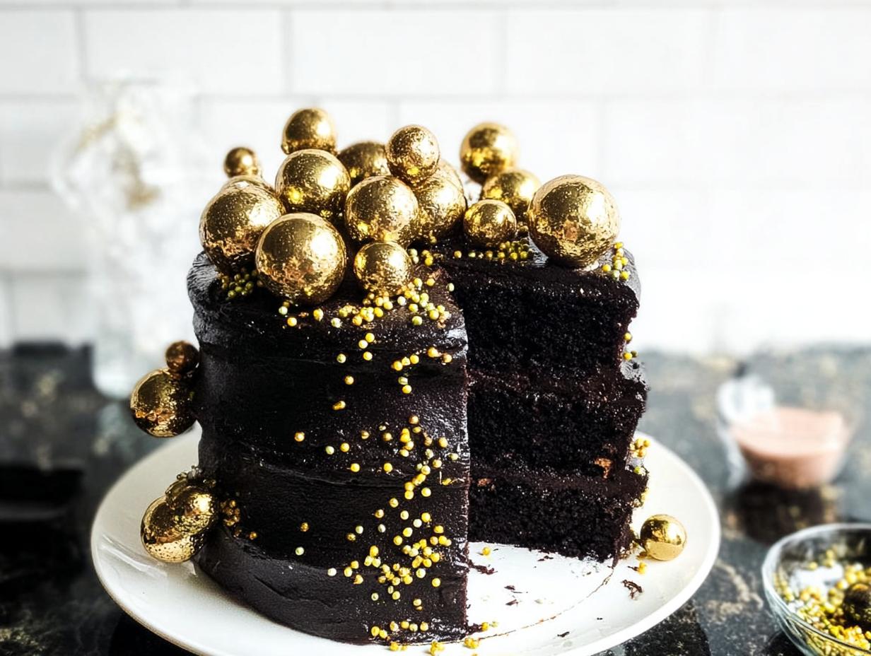 A slice cut from a rich, dark chocolate cake decorated with gold spheres and sprinkles, perfect for New Year’s Eve Cakes.