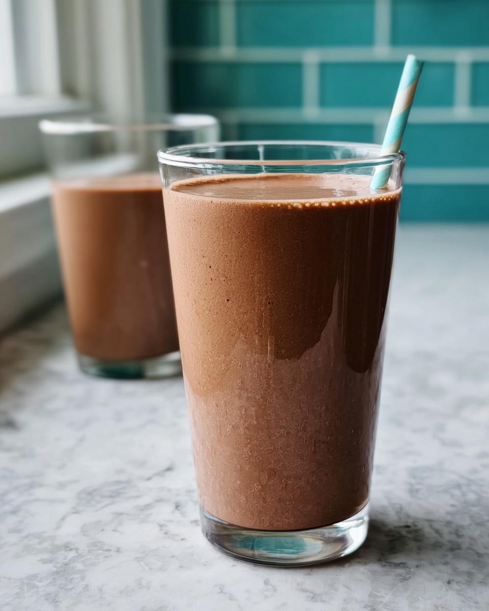 A tall glass filled with a thick, chocolate Peanut Butter Protein Smoothie, featuring a striped straw.