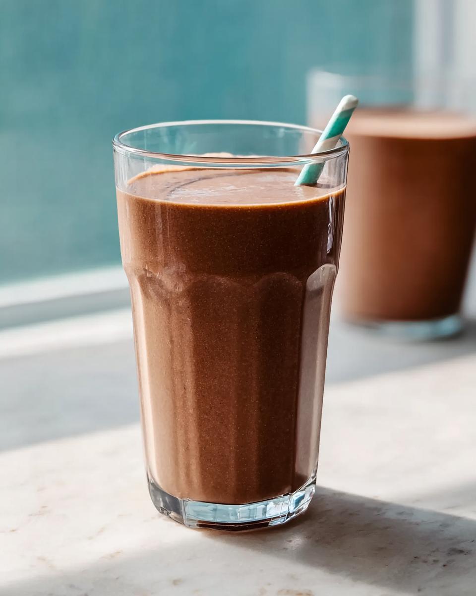 A tall glass filled with a thick, brown Peanut Butter Protein Smoothie, featuring a striped straw.