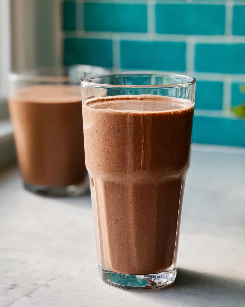 Two glasses of thick, chocolate Peanut Butter Protein Smoothie against a bright blue tiled background.