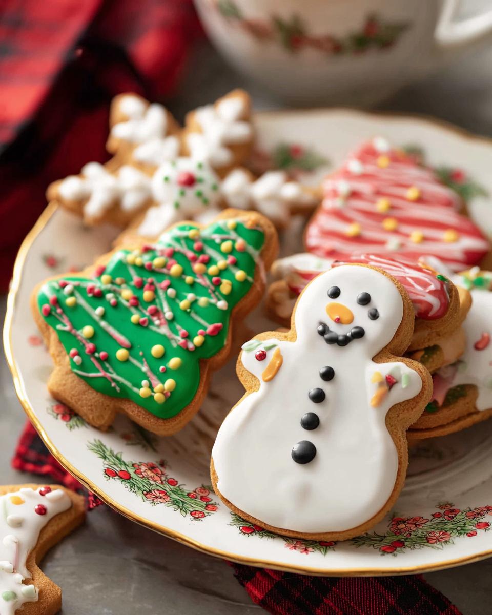 Close-up of festive Christmas cookies decorated with smooth, colorful Royal Icing for Decorated Cookies.