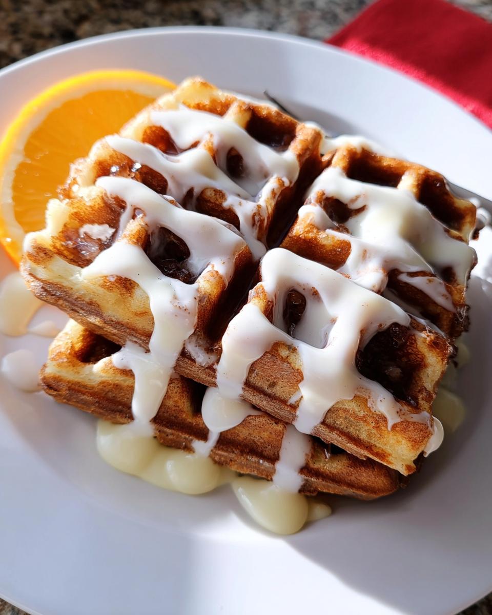 A stack of golden brown Cinnamon Roll Waffles generously drizzled with white icing, served on a white plate with an orange slice.