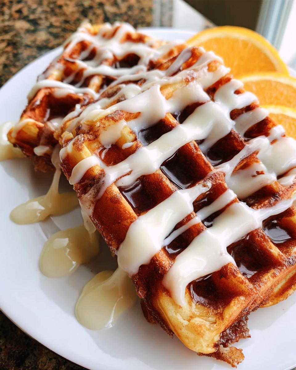 Two golden brown Cinnamon Roll Waffles drizzled generously with white cream cheese icing, served with orange slices.