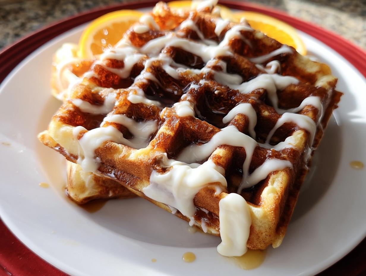 Two stacked Cinnamon Roll Waffles drizzled generously with white cream cheese icing and syrup.