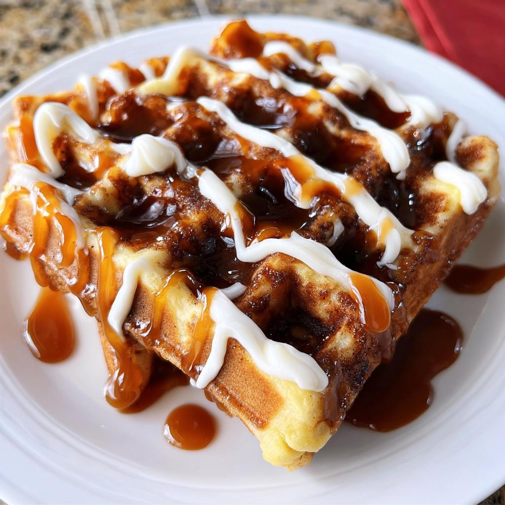 Close-up of a golden Cinnamon Roll Waffles topped with thick white icing and caramel drizzle.
