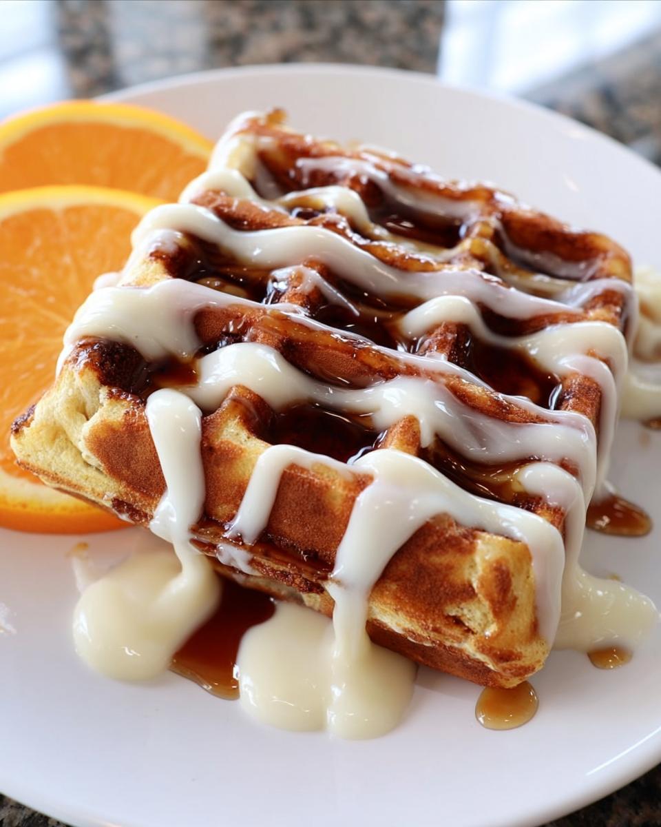A close-up of a golden Cinnamon Roll Waffles square topped with thick white icing and syrup, garnished with orange slices.