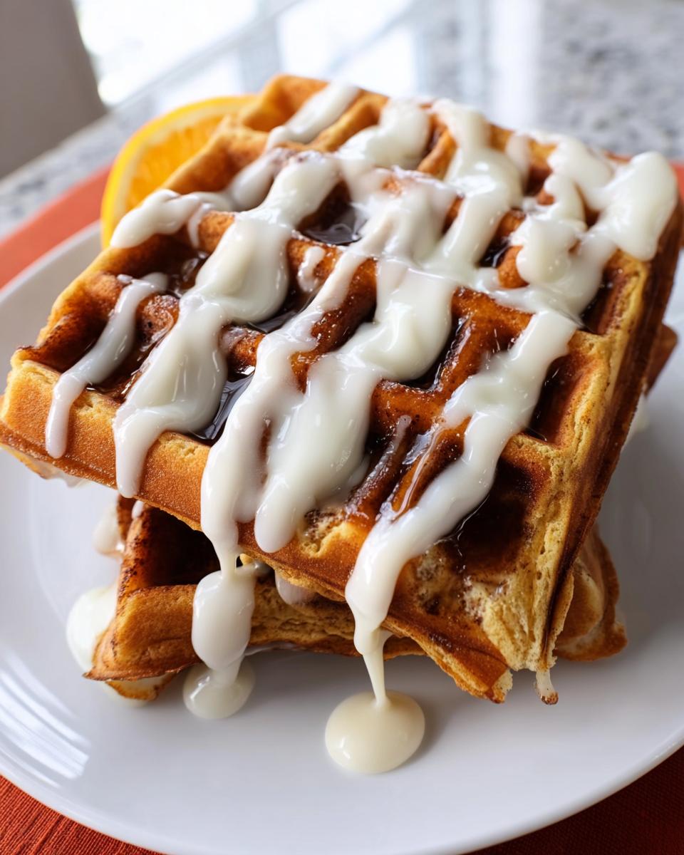 A stack of golden Cinnamon Roll Waffles generously drizzled with thick white cream cheese icing.