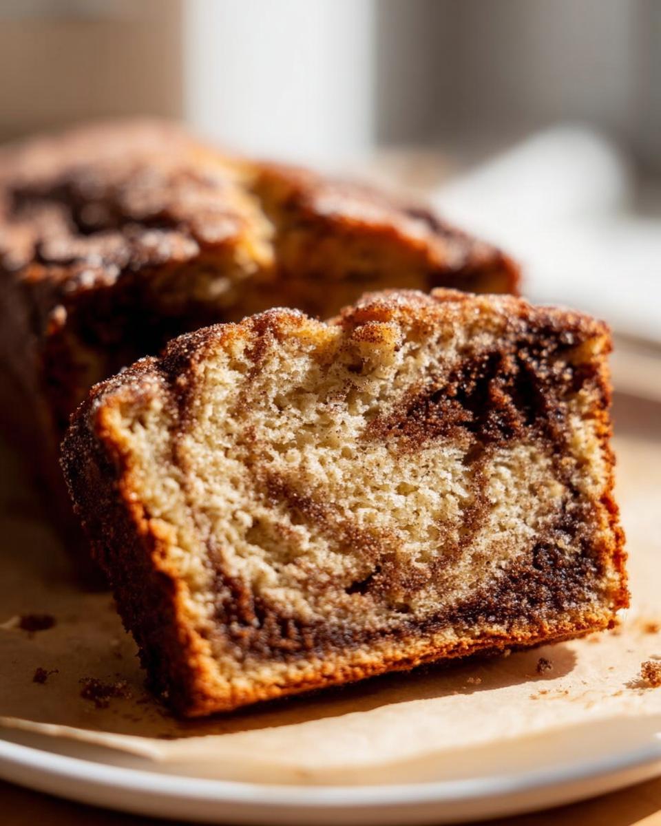 Close-up of a slice of Cinnamon Swirl Banana Bread showing the moist texture and dark cinnamon swirl.