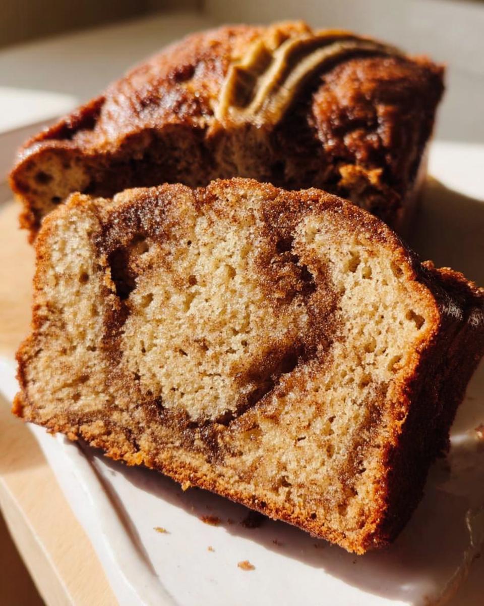 A close-up slice showing the moist interior and cinnamon swirl of the Cinnamon Swirl Banana Bread.