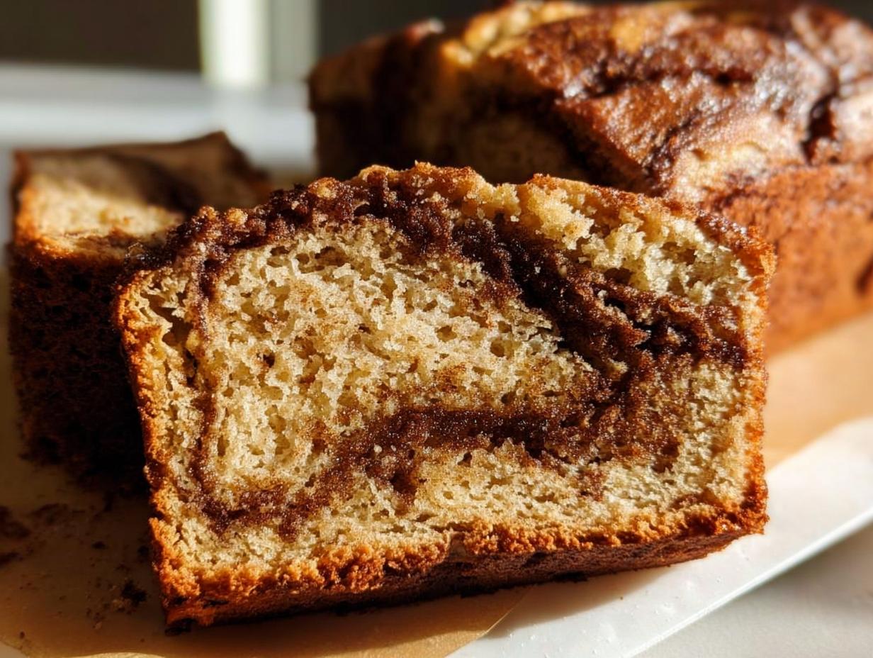 Close-up of a moist slice of Cinnamon Swirl Banana Bread showing the rich, dark cinnamon ribbon running through the light brown crumb.