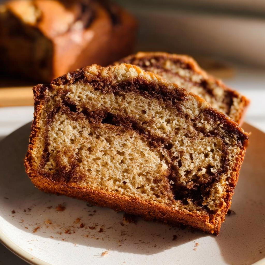 Close-up of two slices of moist Cinnamon Swirl Banana Bread showing the rich cinnamon swirl pattern.