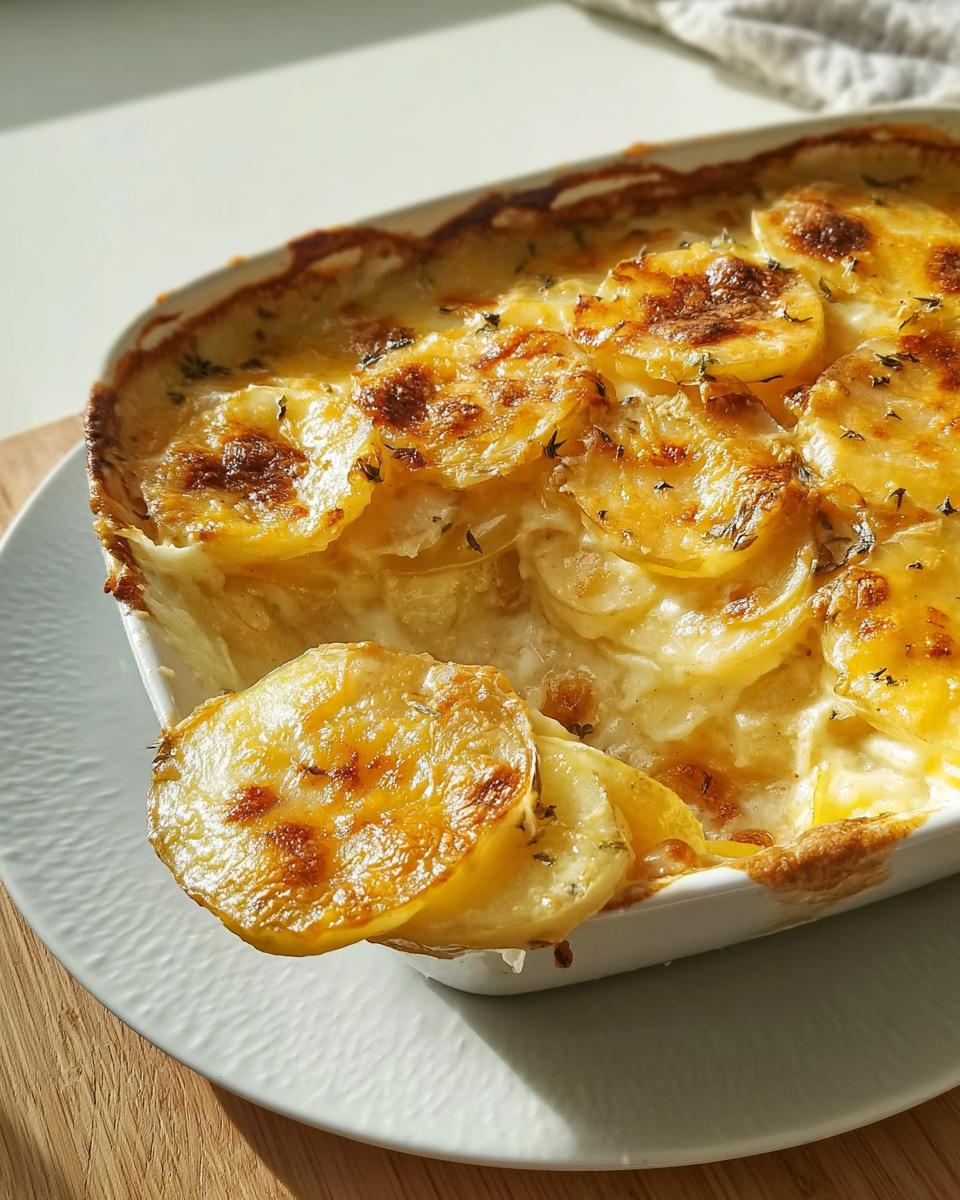 A close-up of freshly baked Au Gratin Potatoes with a golden, cheesy and slightly browned top layer.