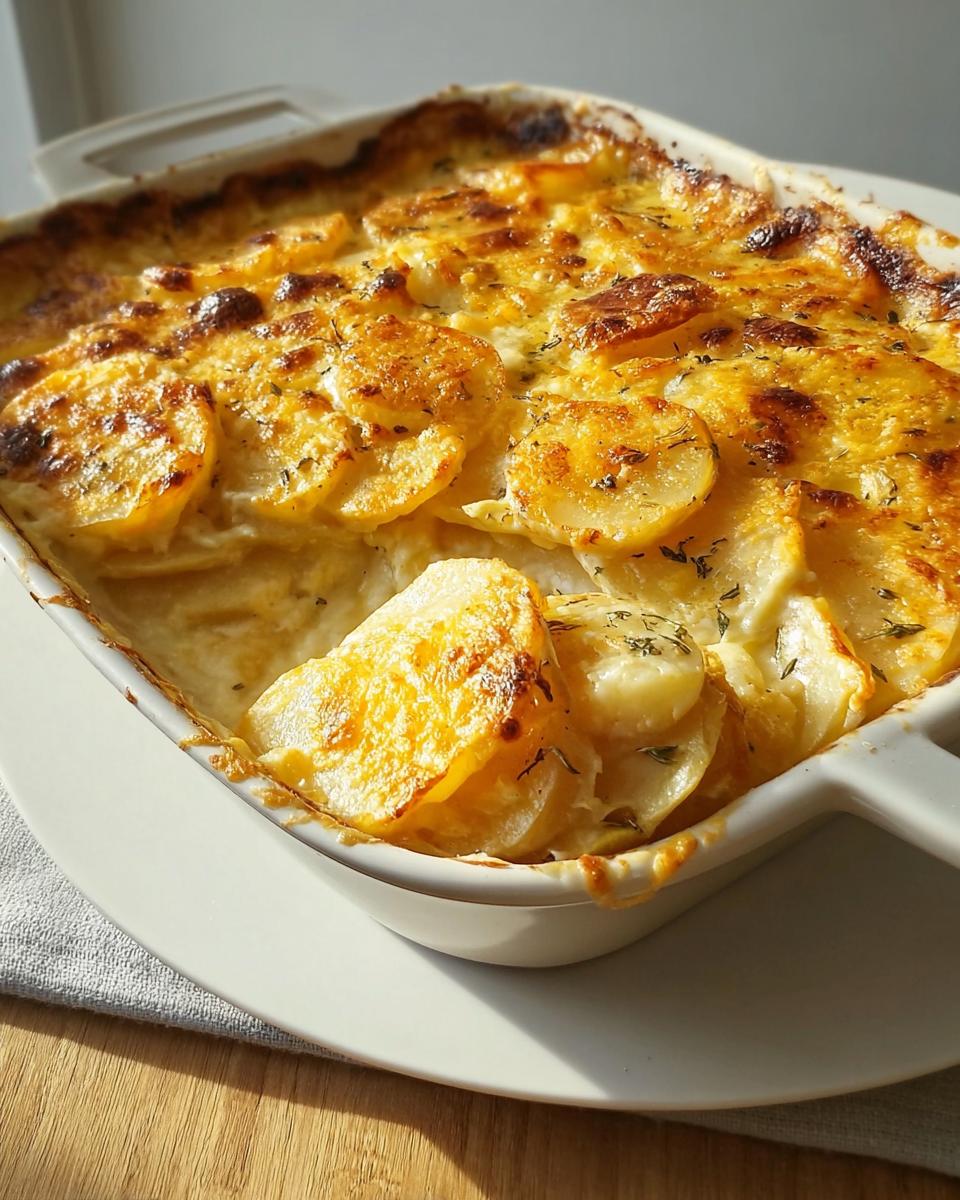 Close-up of creamy, baked Au Gratin Potatoes with a golden, cheesy crust in a white casserole dish.