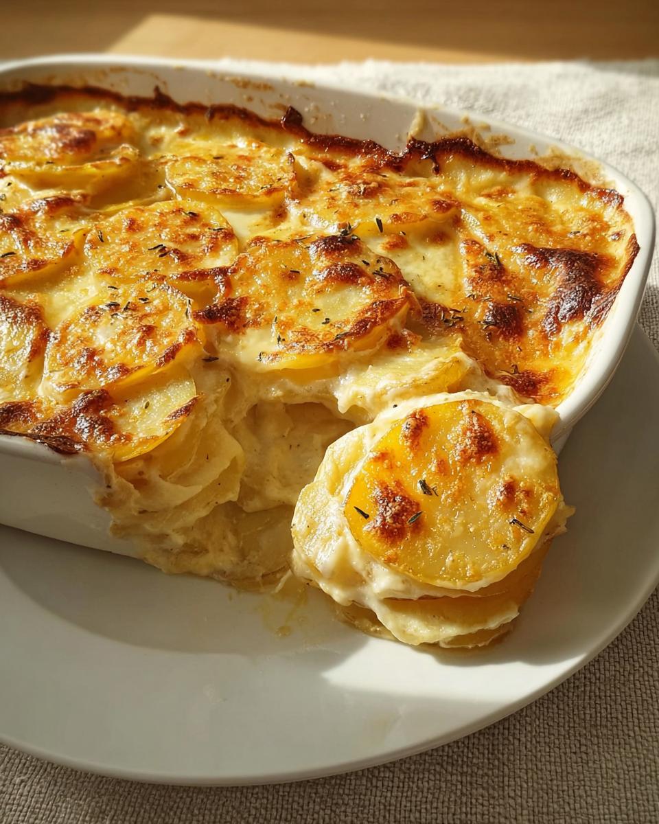 A serving of creamy Au Gratin Potatoes with a beautifully browned, cheesy top, scooped into a white dish.