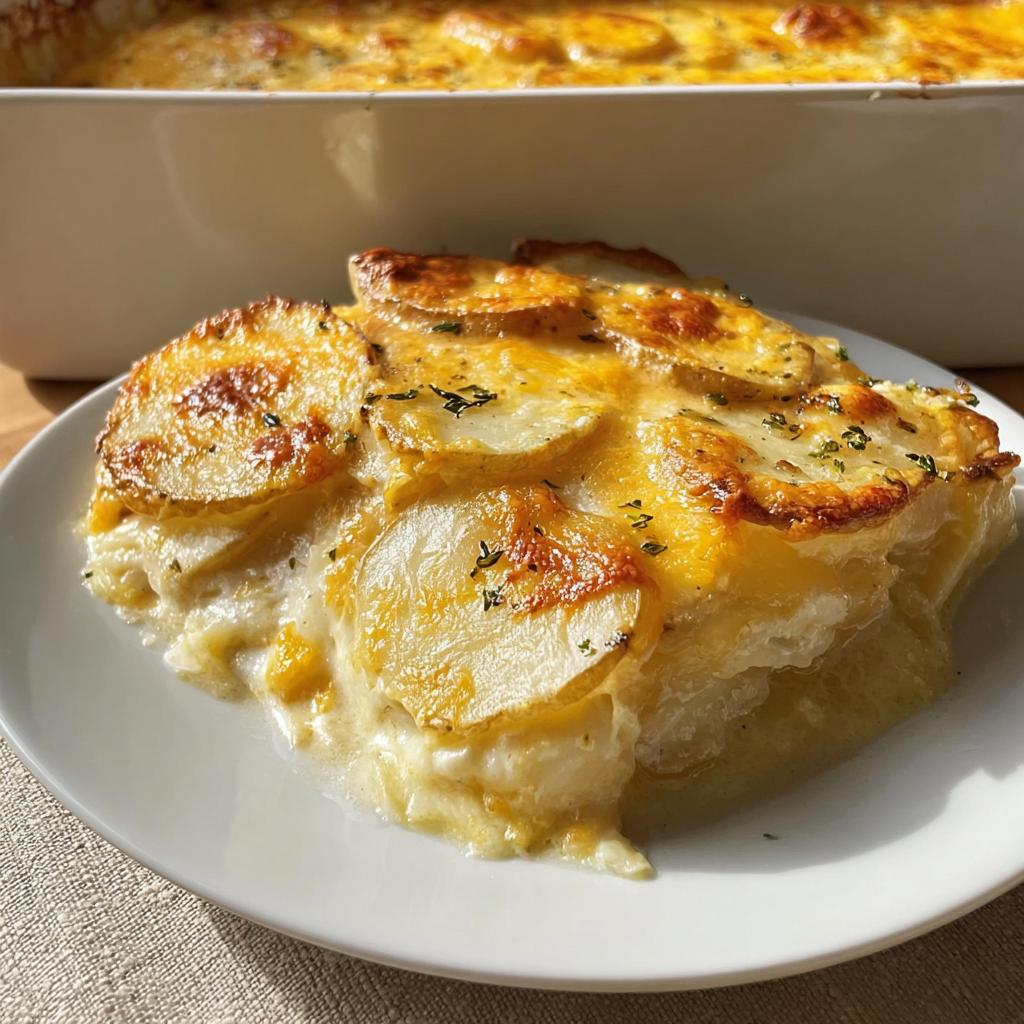 A generous slice of creamy Au Gratin Potatoes with a golden, cheesy, baked top on a white plate.