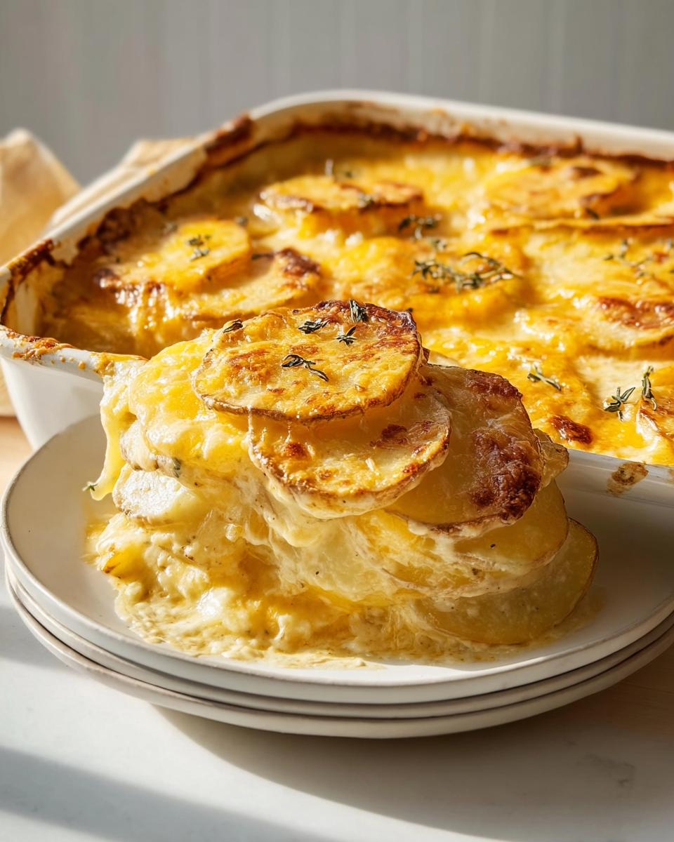 A generous serving of classic Au Gratin Potatoes stacked on small plates, covered in creamy cheese sauce and topped with browned potato slices.