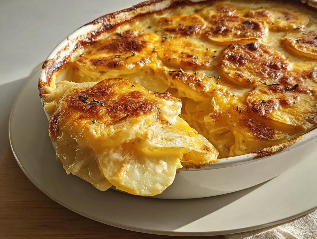 A serving spoon lifts a portion of classic Au Gratin Potatoes from a white baking dish, showing creamy layers and a golden-brown, cheesy top.