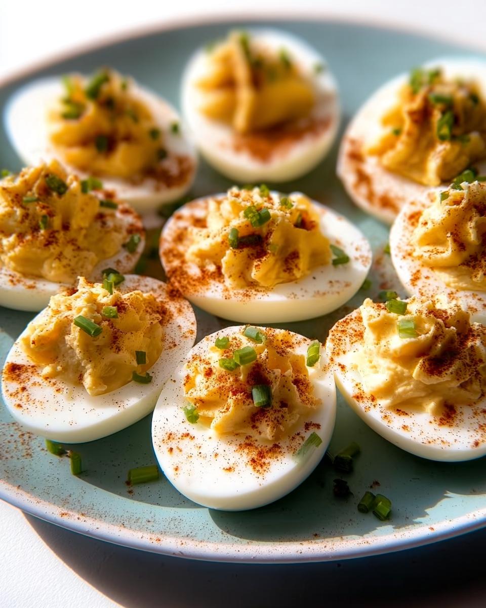 A close-up of several Classic Deviled Eggs, garnished with paprika and chives, arranged on a light blue plate.