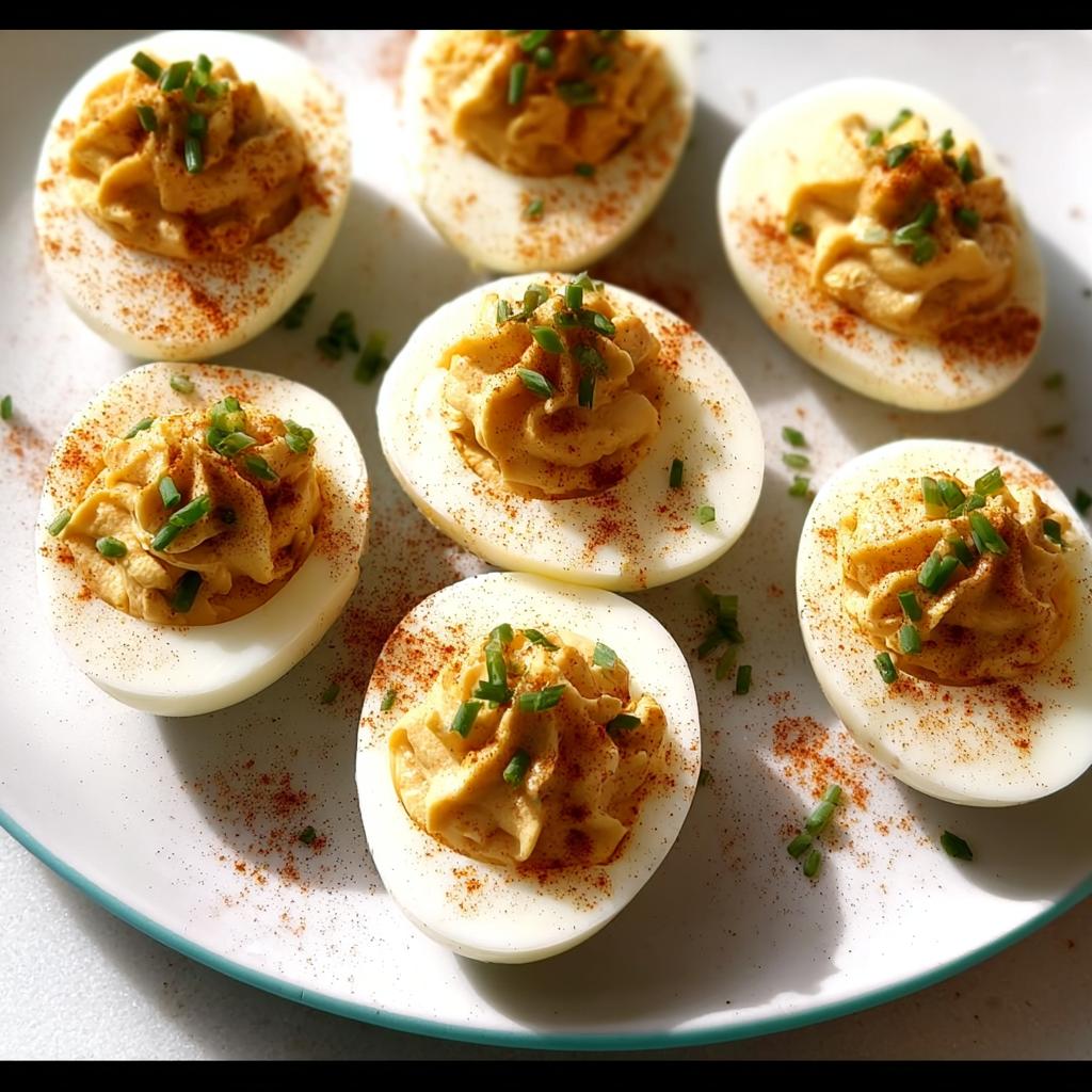 Six halves of Classic Deviled Eggs, piped high with filling, dusted with paprika, and topped with chives.