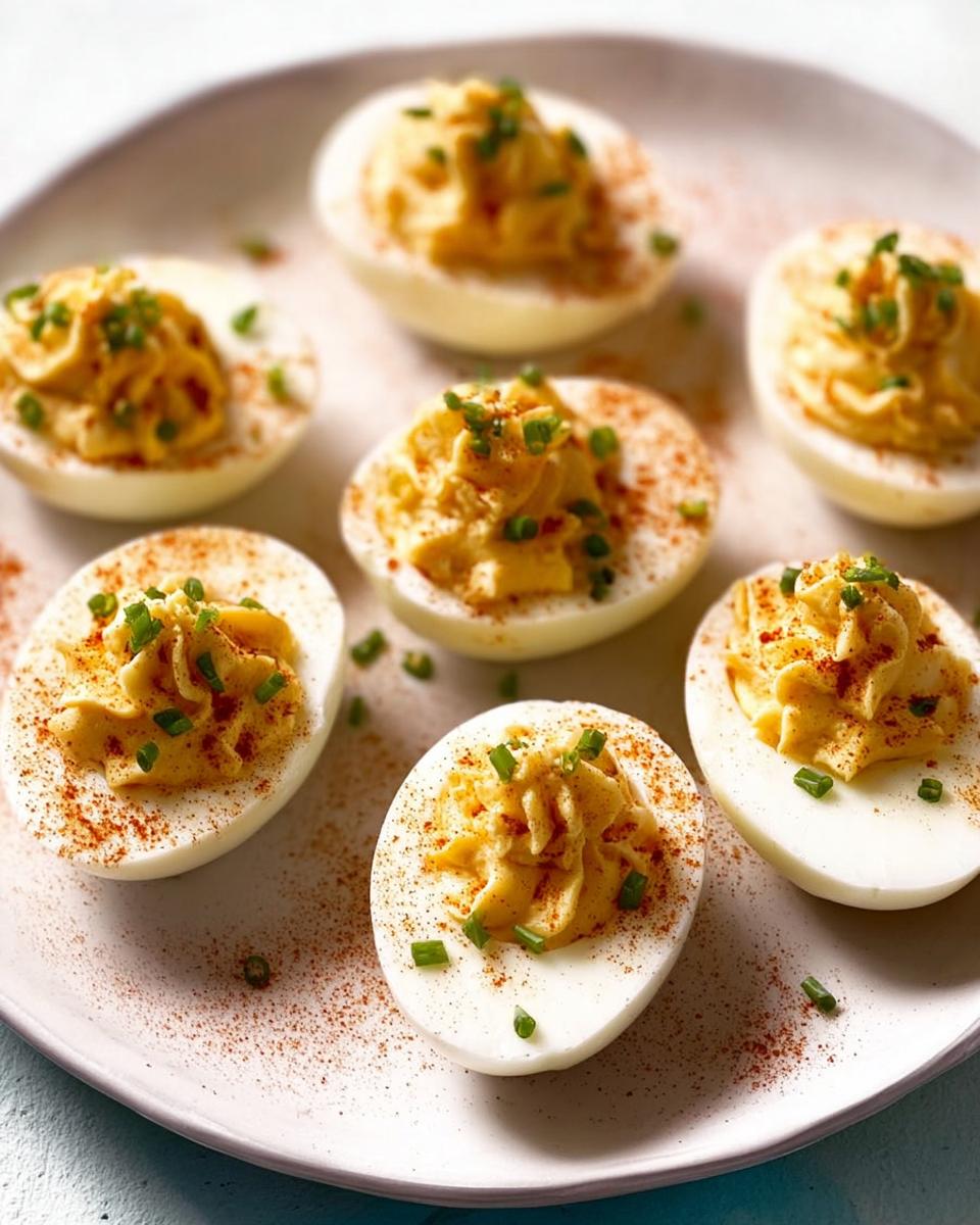 Six halves of Classic Deviled Eggs, piped high with creamy filling, sprinkled with paprika and chives.