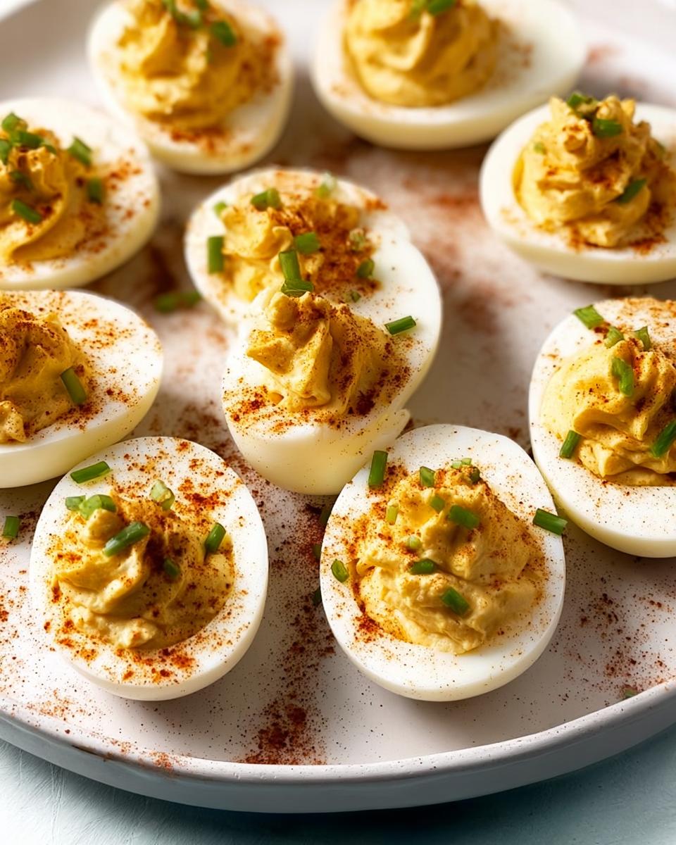 A close-up of several Classic Deviled Eggs, piped high with filling and sprinkled with paprika and chives.