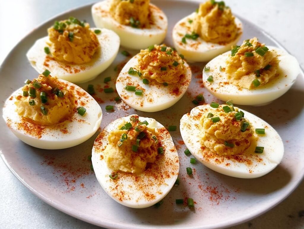 A plate featuring seven halves of Classic Deviled Eggs, topped with paprika and fresh chives.