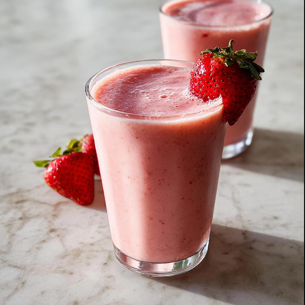 Close-up of a refreshing Strawberry Banana Smoothie garnished with a fresh strawberry.