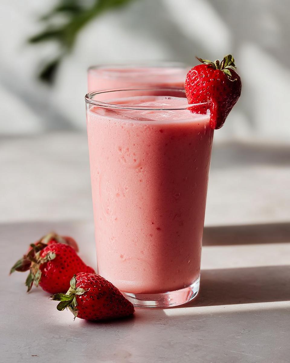 A tall glass filled with a creamy pink Strawberry Banana Smoothie, garnished with a fresh strawberry.