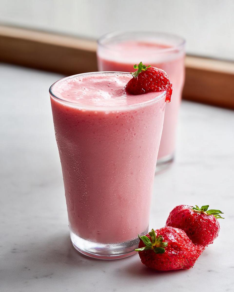 Close-up of a frosty glass filled with a pink Strawberry Banana Smoothie, garnished with a fresh strawberry.