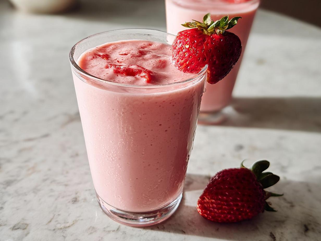 Close-up of a pink Strawberry Banana Smoothie garnished with a fresh strawberry.