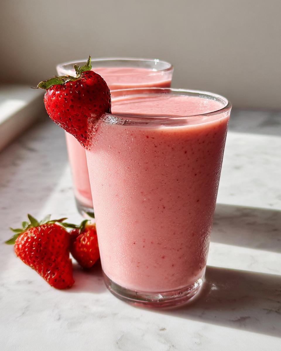 Two glasses of pink Strawberry Banana Smoothie (Classic) on a marble surface, garnished with fresh strawberries.
