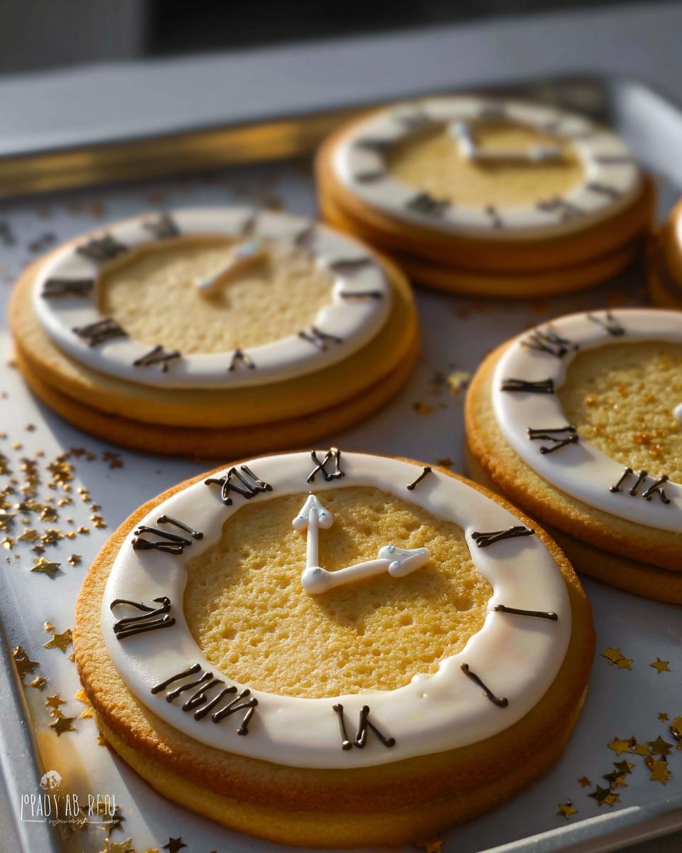 Close-up of decorated Clock Face Countdown Cookies showing Roman numerals and white icing hands set to midnight.