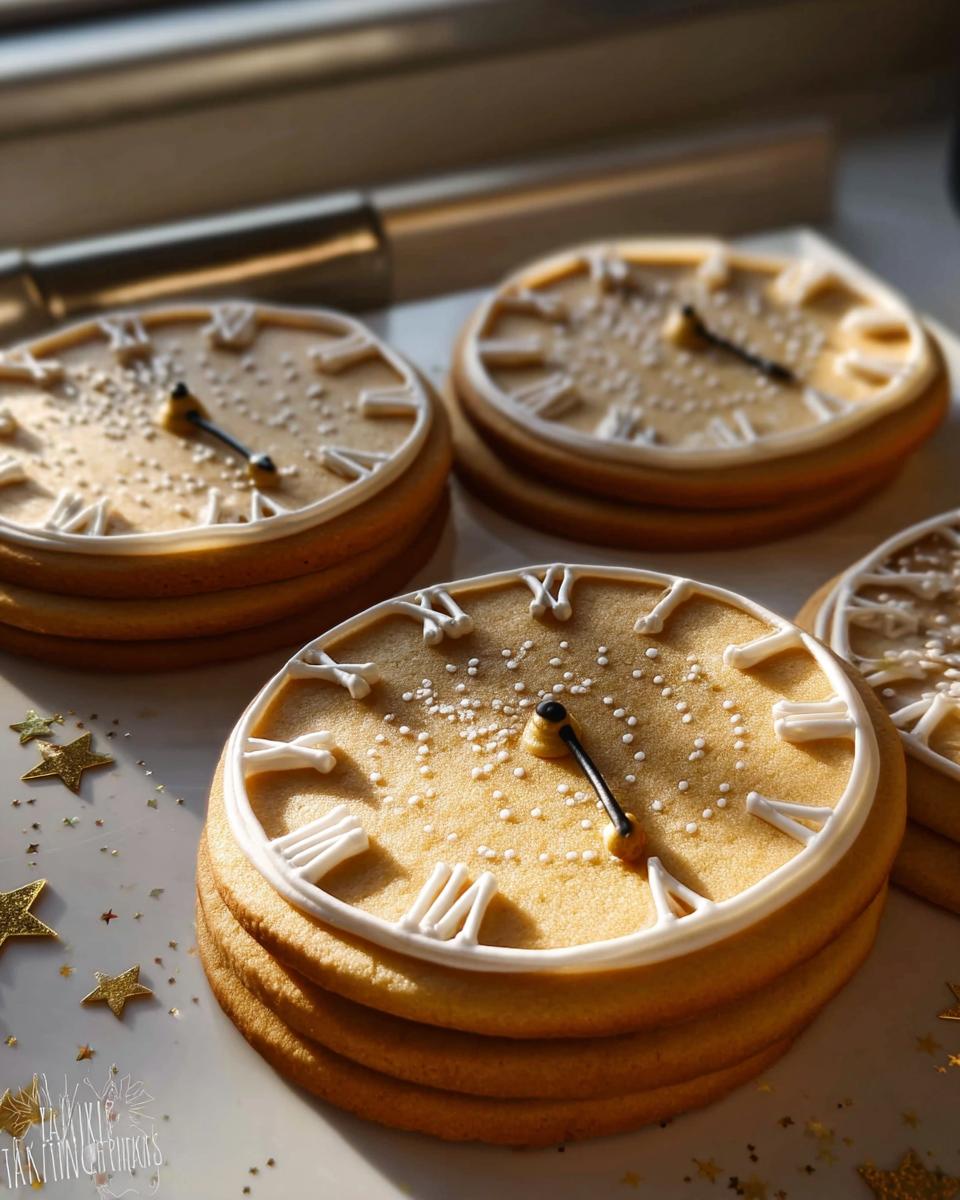 Close-up of beautifully decorated Clock Face Countdown Cookies featuring Roman numerals and edible glitter.