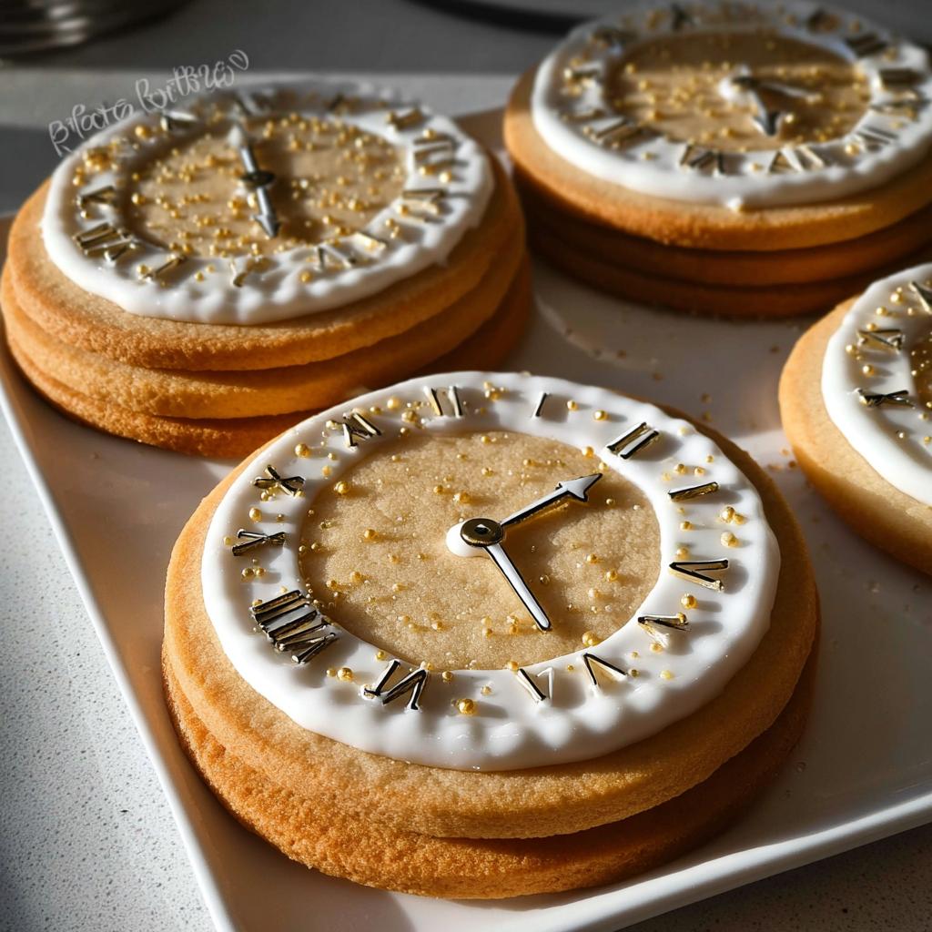 Close-up of beautifully decorated Clock Face Countdown Cookies featuring white icing, Roman numerals, and gold sprinkles.