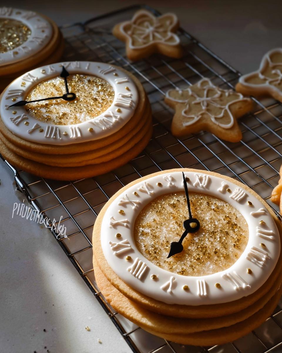 Close-up of beautifully decorated Clock Face Countdown Cookies featuring white icing and gold sprinkles, resting on a wire rack.