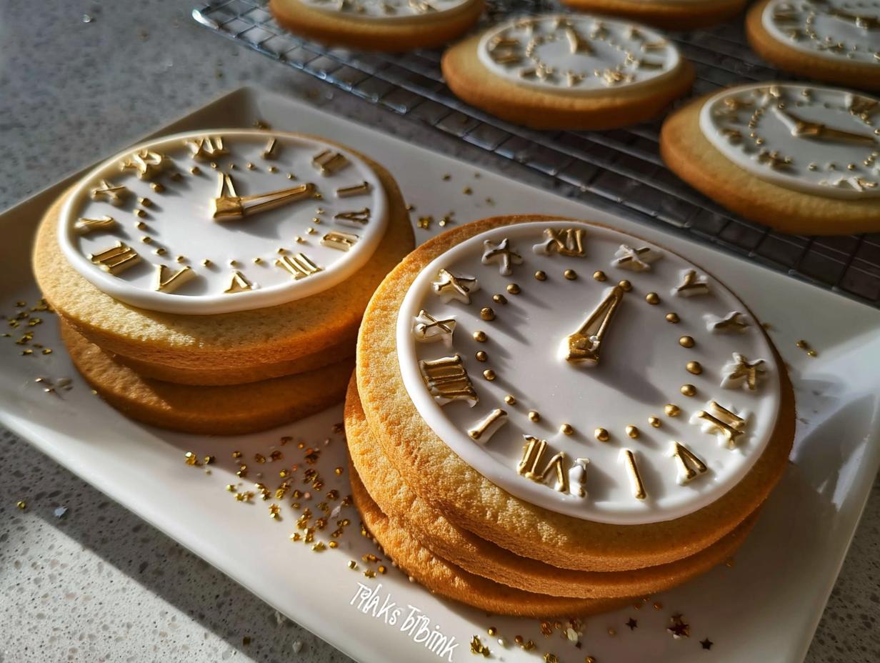 Close-up of stacked Clock Face Countdown Cookies featuring white fondant and shiny gold Roman numerals and hands.