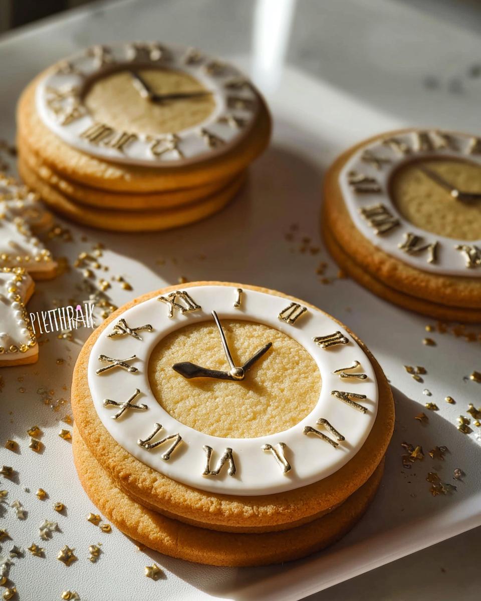 Close-up of beautifully decorated Clock Face Countdown Cookies featuring gold hands and Roman numerals on white icing.