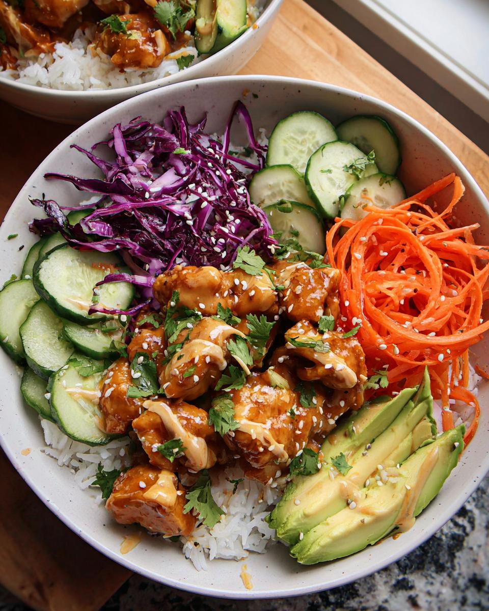 A vibrant Bang Bang Chicken Bowl featuring saucy chicken over rice, topped with avocado, shredded carrots, cucumber, and red cabbage.